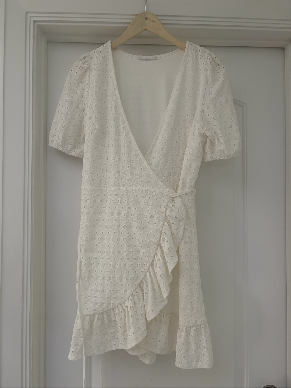 MNG White Eyelet Wrap Dress with Ruffle Trim Size M